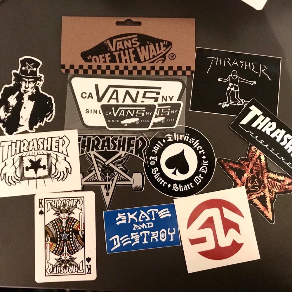 Skate stickers including Thrasher Vans